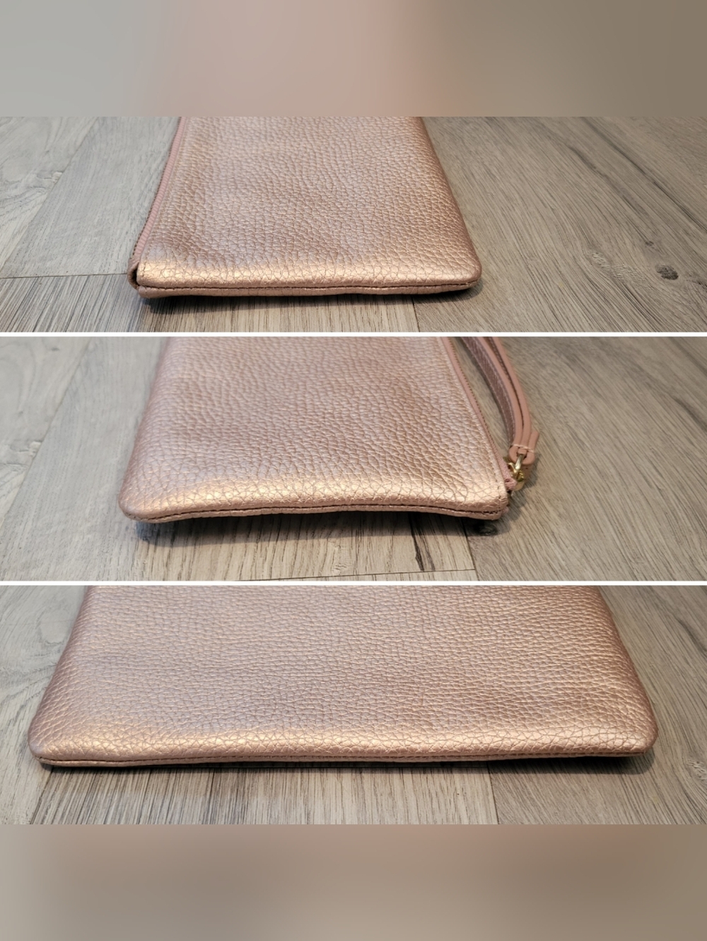 14th & Union Metallic Rose Gold Pebble Leather Wristlet Gold Accents, 8.5"x4.5" - Picture 3 of 15